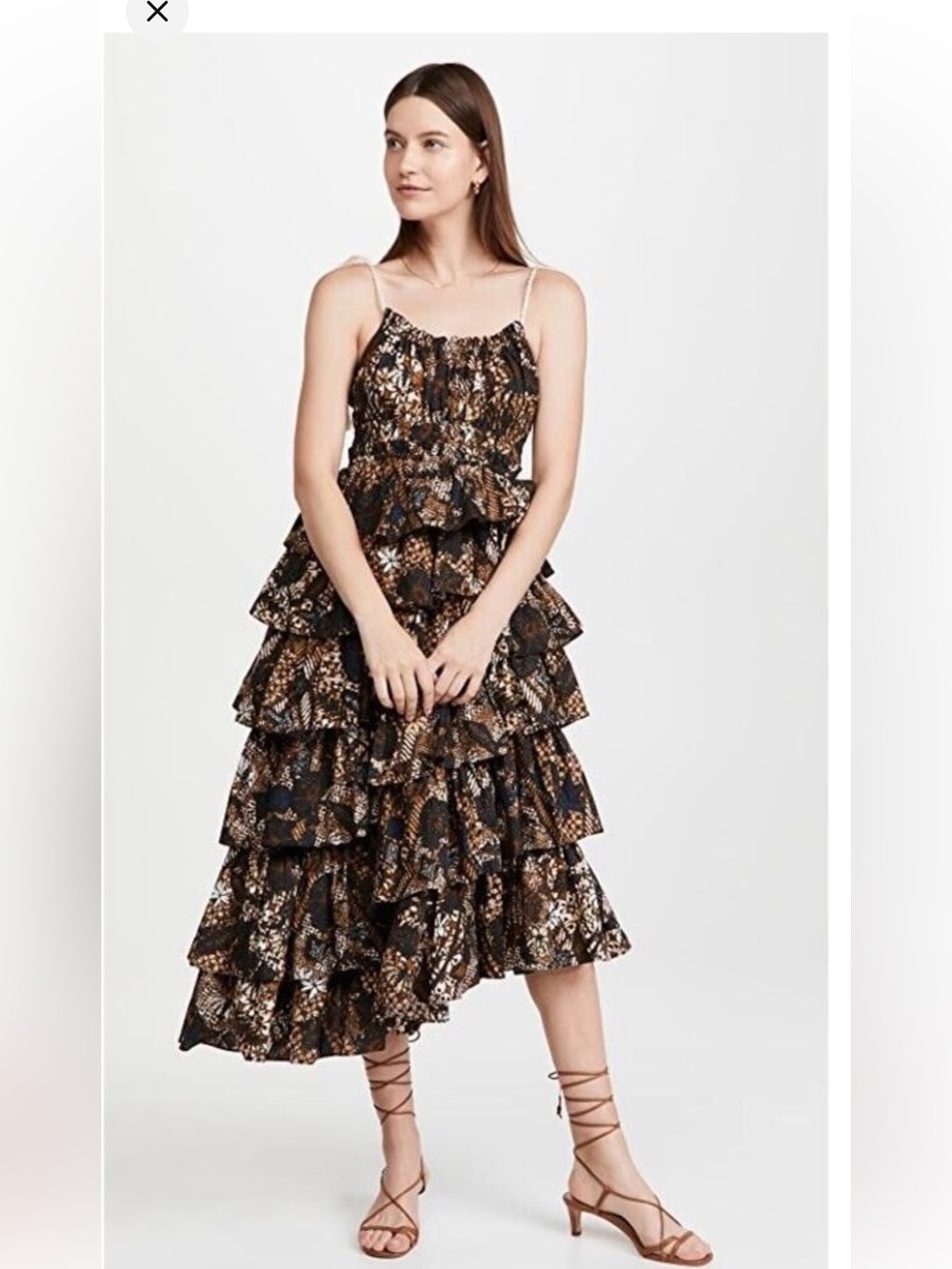Ulla Johnson Estela Brown and Black Tiered Ruffle Batik Midi Dress